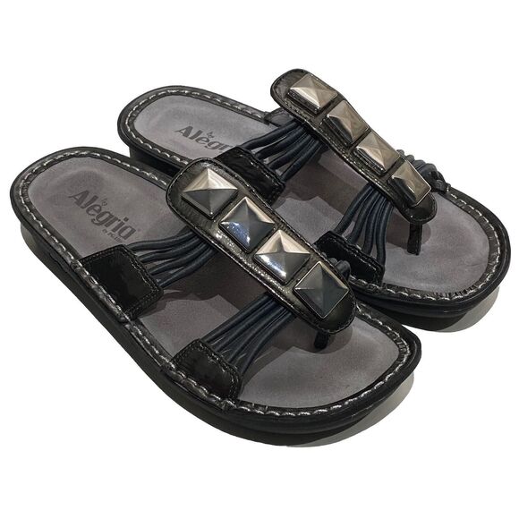 Alegria Shoes - Alegria Pisa Sandals Chrome Leather Silver Studded Toe Post EU 36, US 6-6.5 EUC